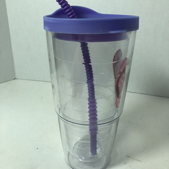 Tervis Tumbler Cup 24 oz Pink Daisy Flip Flops Beach w Purple Lid & Straw C1 - Picture 5 of 9